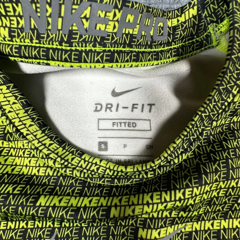Nike Pro Kids Dri-FIT Compression Shirt Neon Yellow Black Logo Print Small S